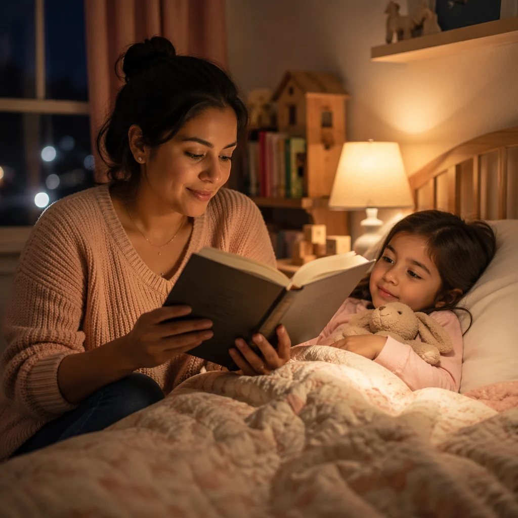 Mother Reading Book to Daughter at Bedtime