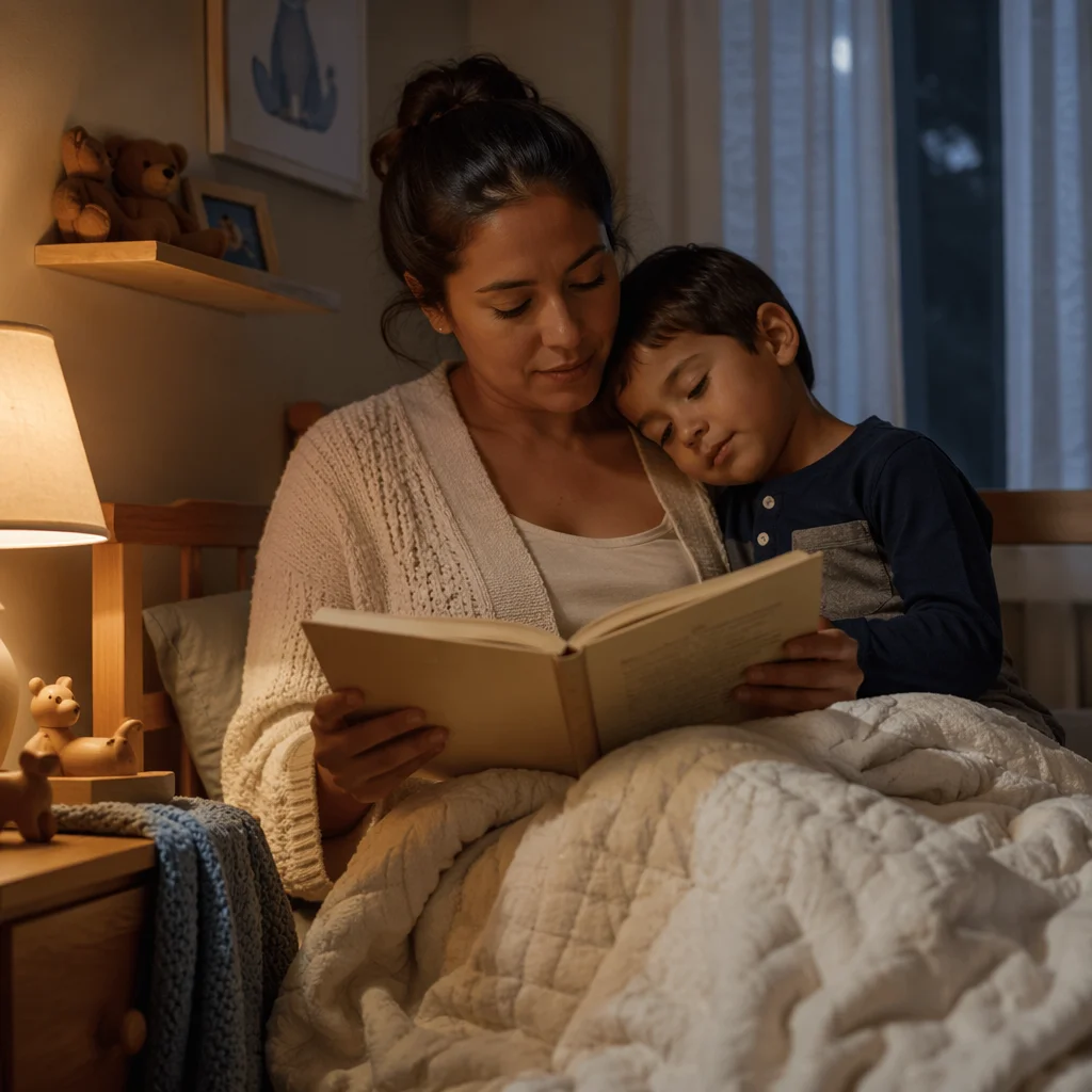 Mother Reading Book to Son at Bedtime