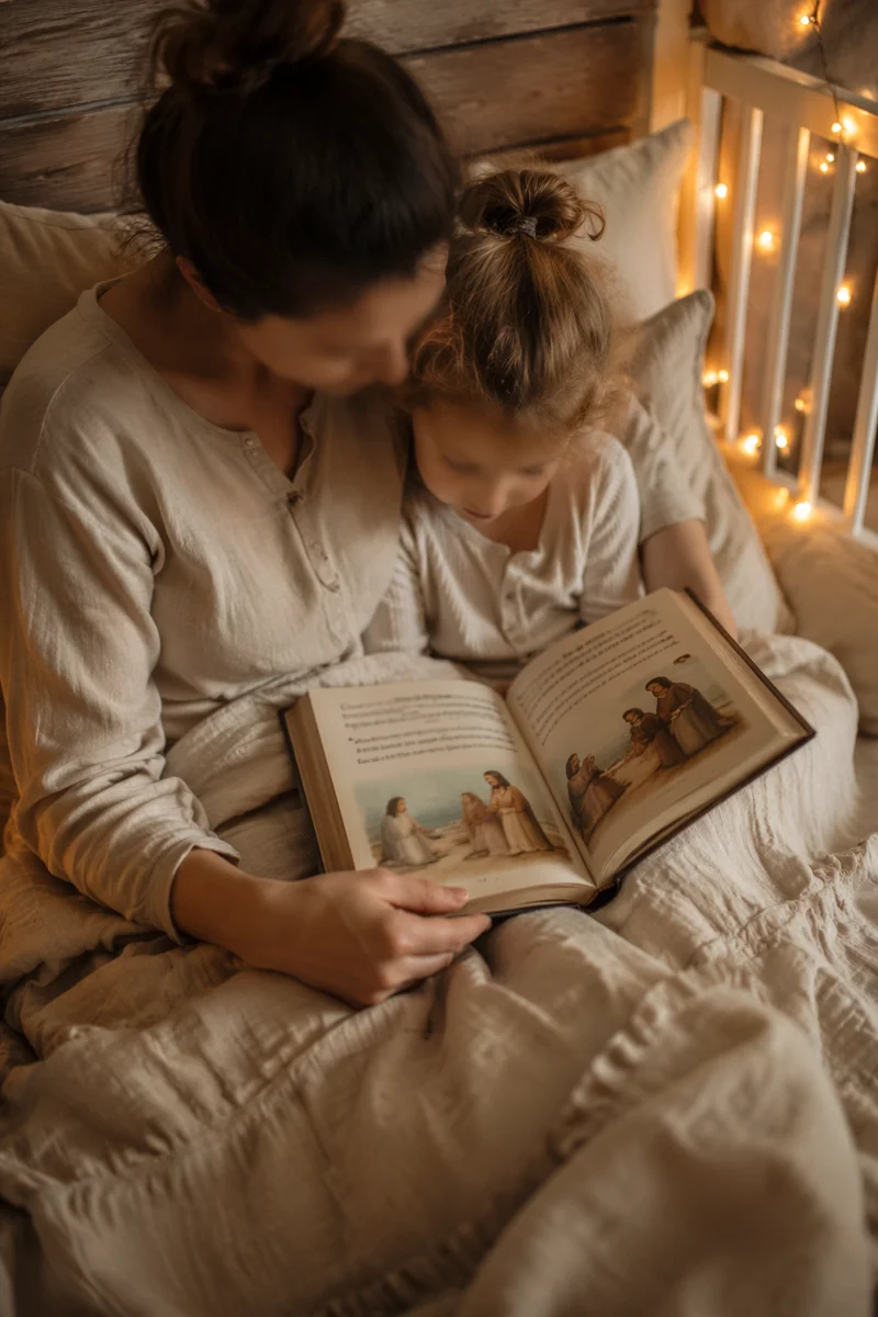 Parent Reading Bible to Child at Bedtime
