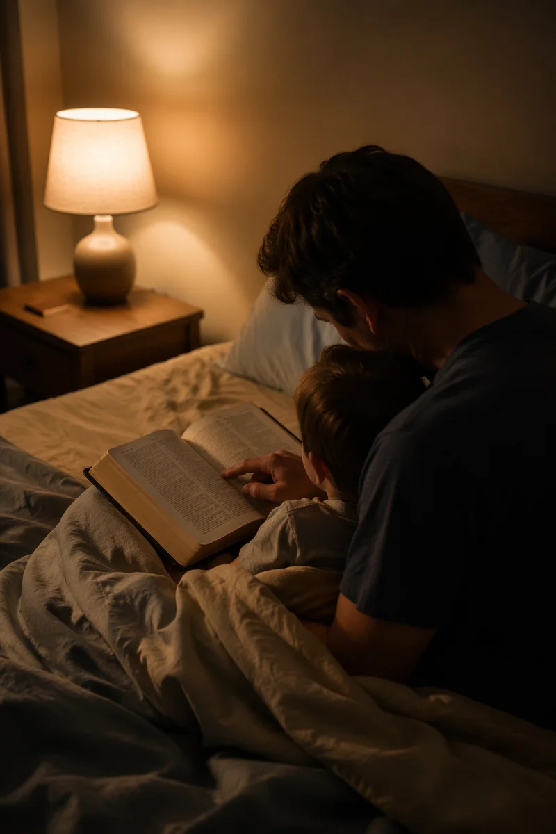 Parent Reading Bible to Child at Bedtime