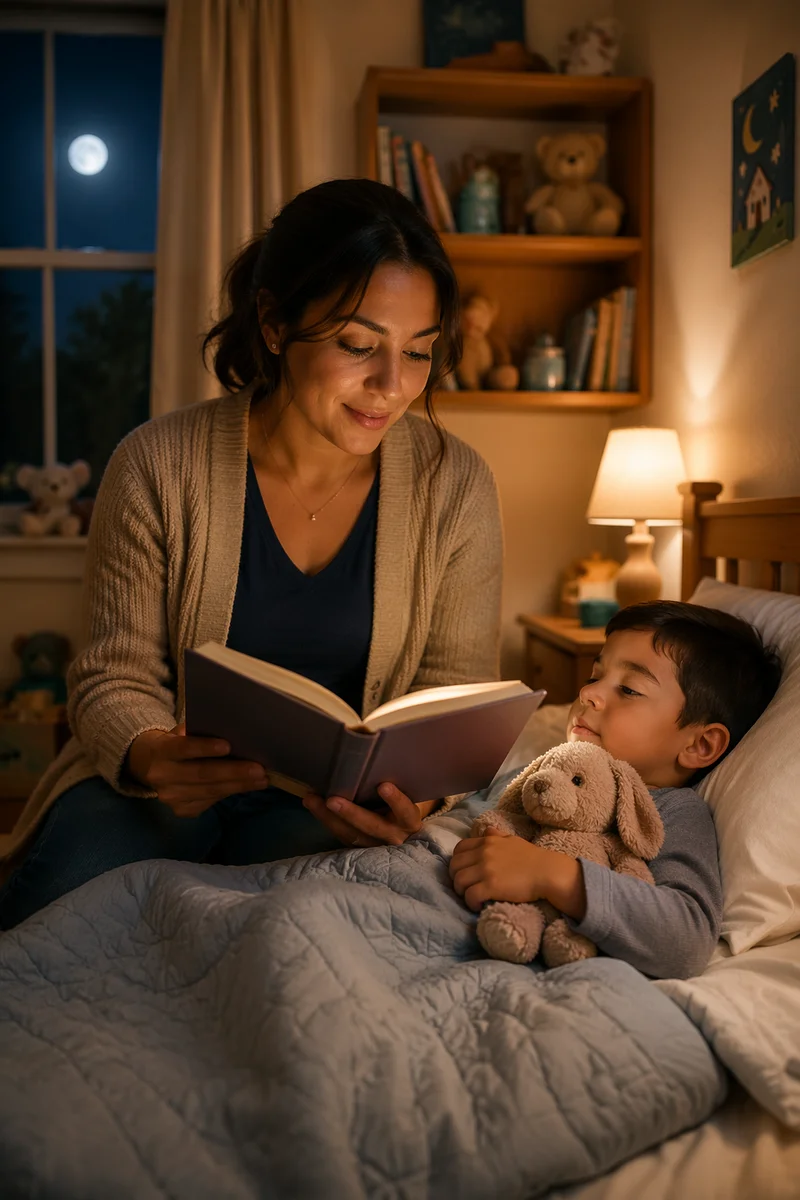 Mother Reading Book to Son Bedtime