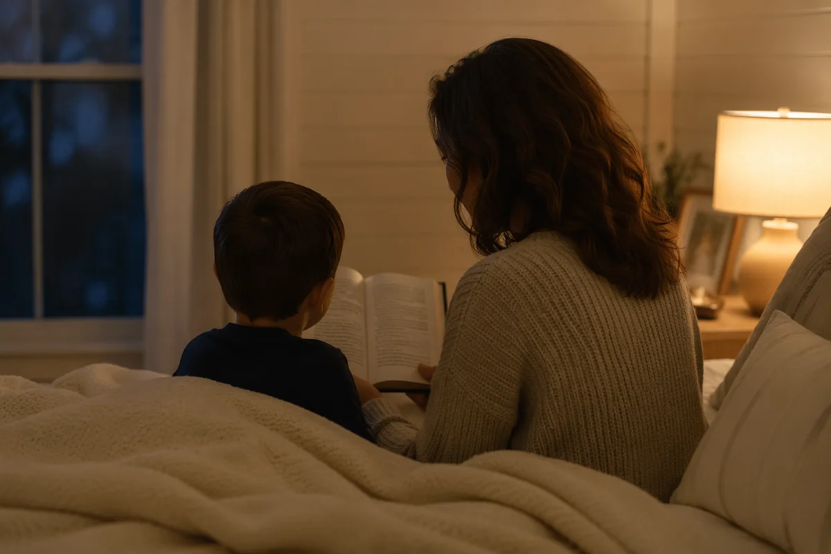 Parent Reading Bible to Child at Bedtime