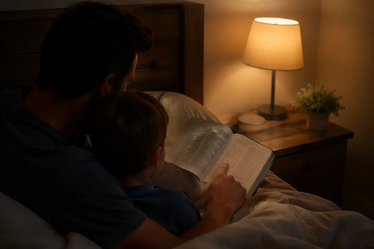 Parent Reading Bible to Child at Bedtime