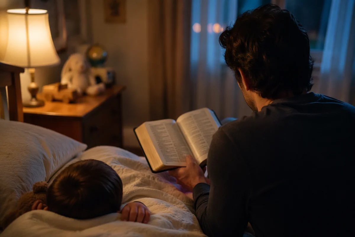 Parent Reading Bible at Childs Bedtime
