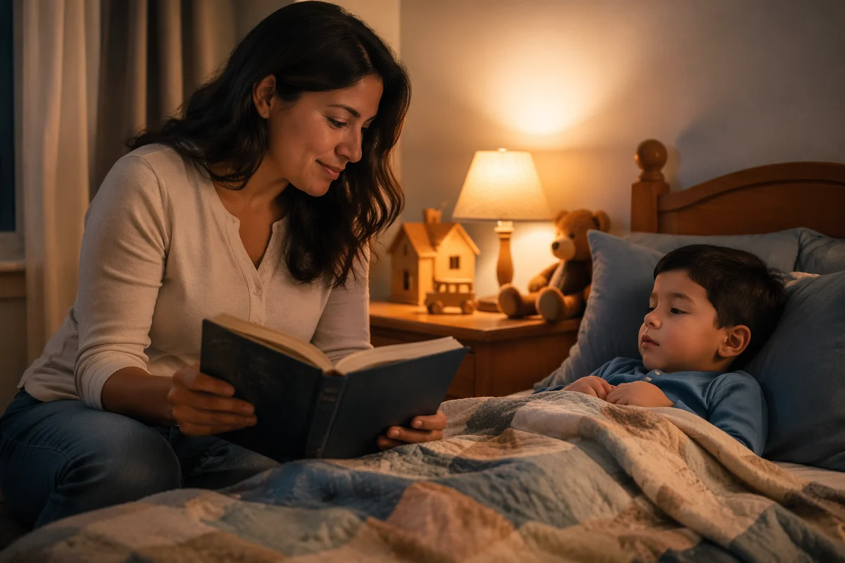 Mother Reading Bedtime Story to Son