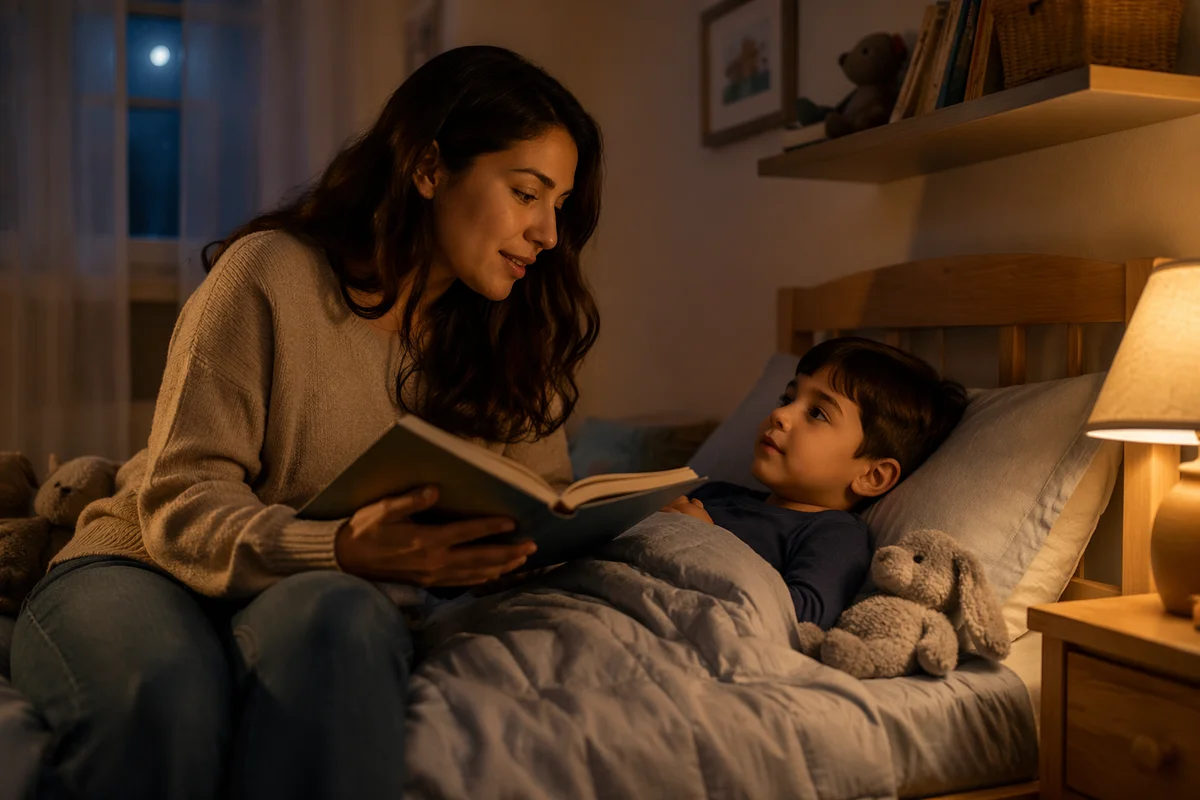 Mother Reading Book to Son at Bedtime