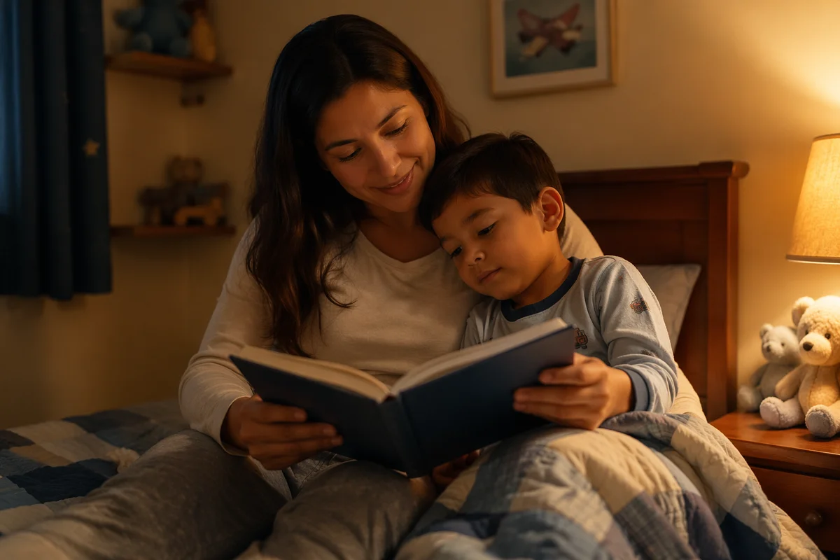 Mother Reading to Son at Bedtime
