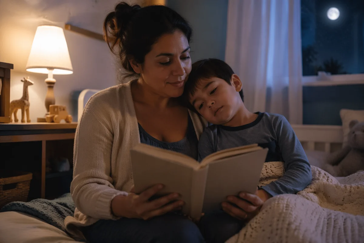Mother Reading Book to Son at Bedtime