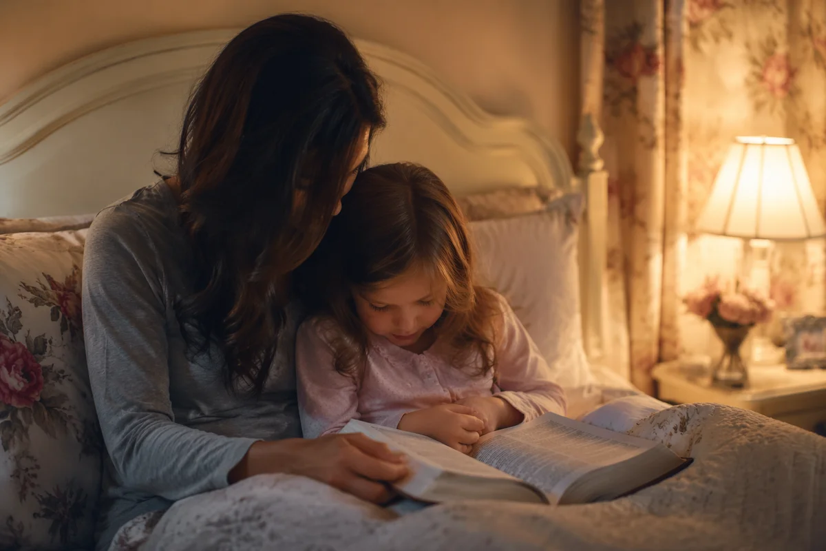Parent Reading Bible to Child at Bedtime