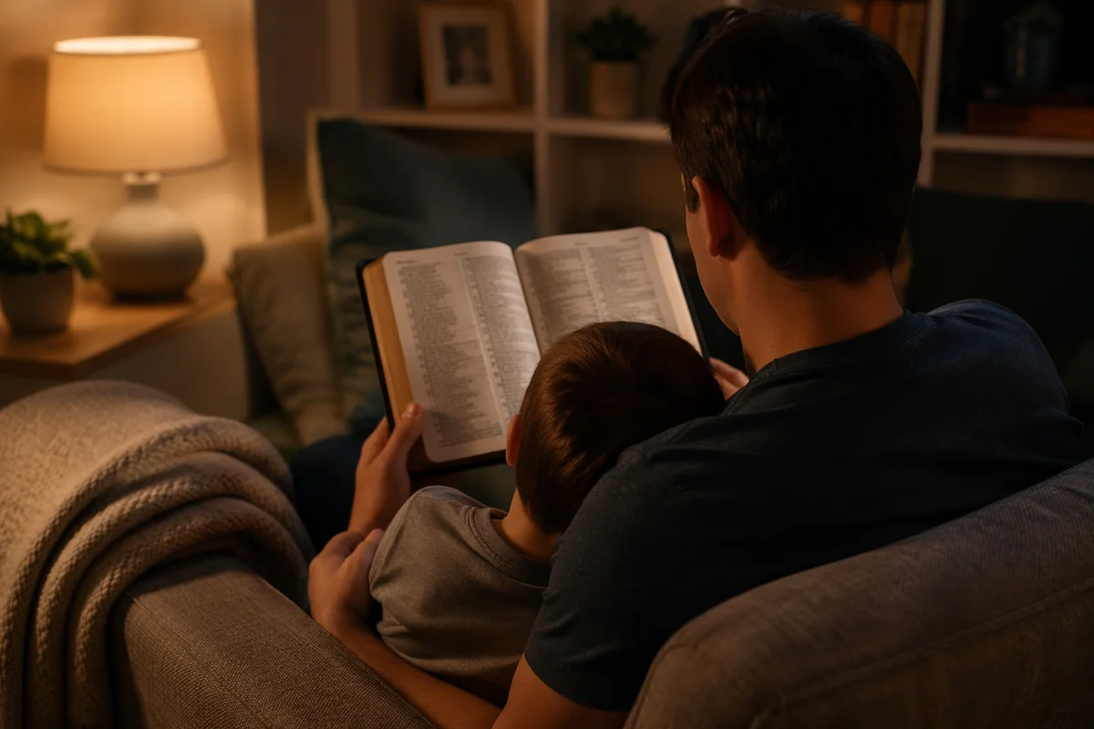 Parent Reading Bible to Child at Bedtime