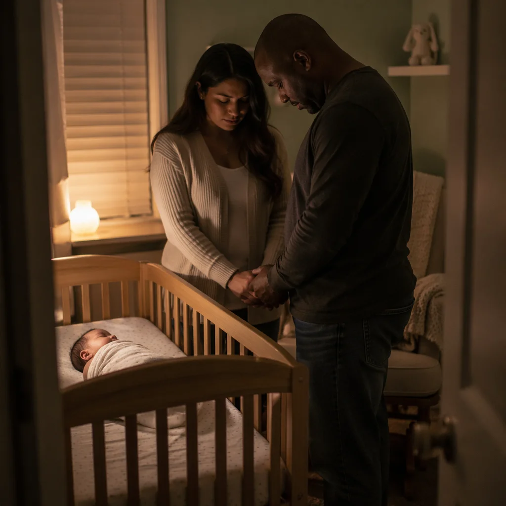 Parents Praying Beside Baby Crib at Night
