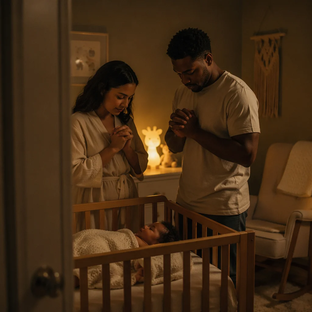 Parents Praying Beside Baby Crib at Night