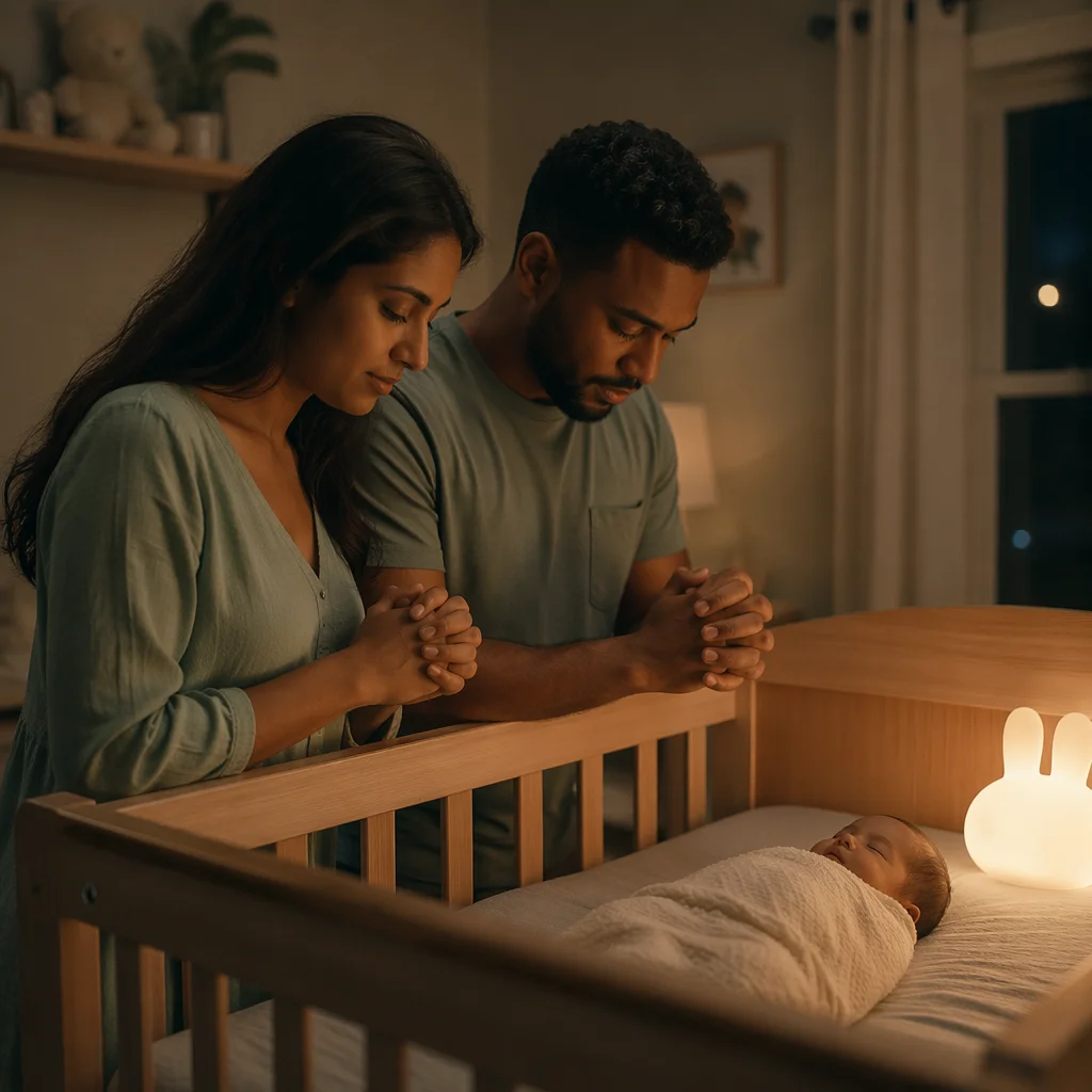 Parents Praying Beside Baby Crib at Night
