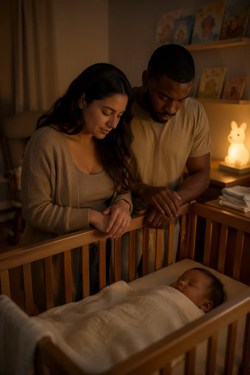 Parents Praying Beside Baby Crib at Night
