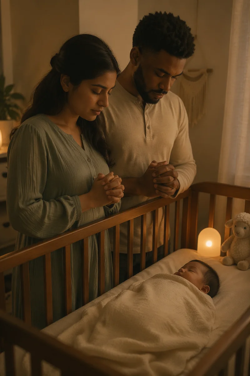 Parents Praying Beside Baby Crib at Night