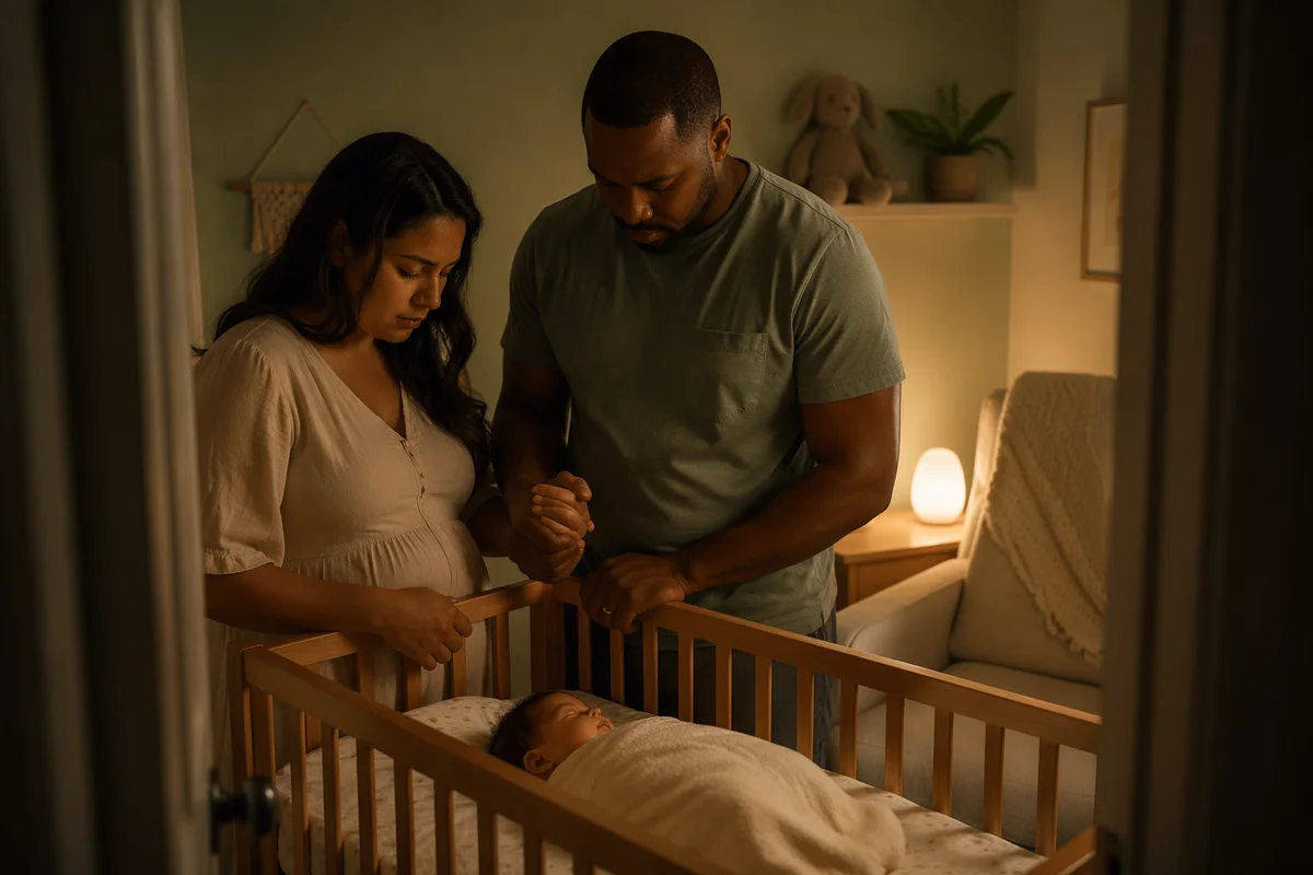 Parents Praying Beside Baby Crib at Night