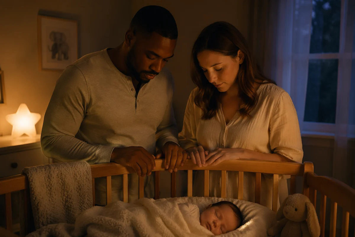 Parents Praying Beside Baby Crib at Night