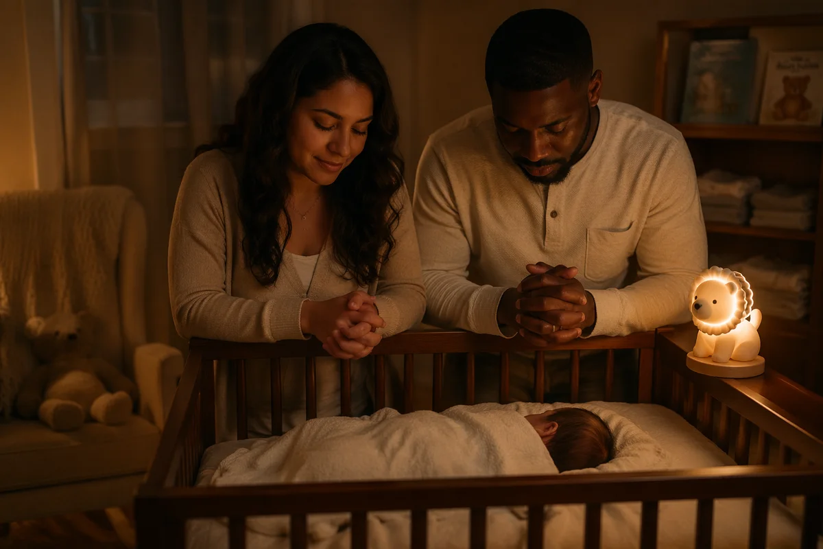 Parents Praying Beside Baby Crib at Night