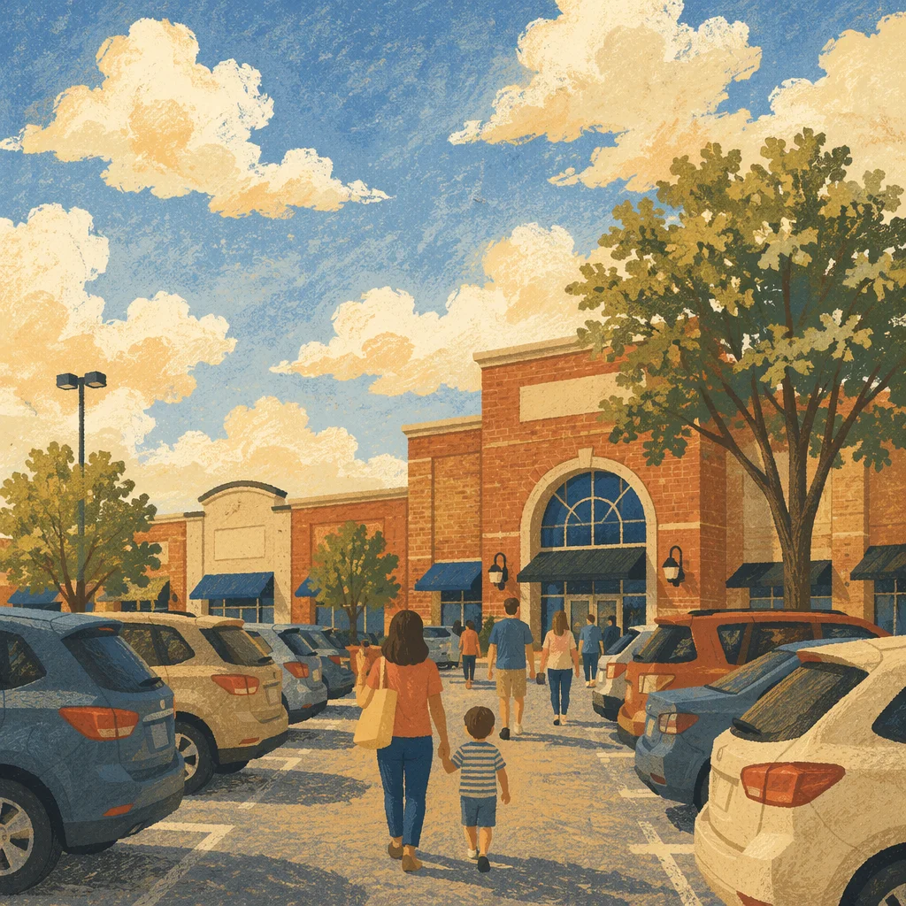 Sunny Shopping Mall Parking Lot Scene