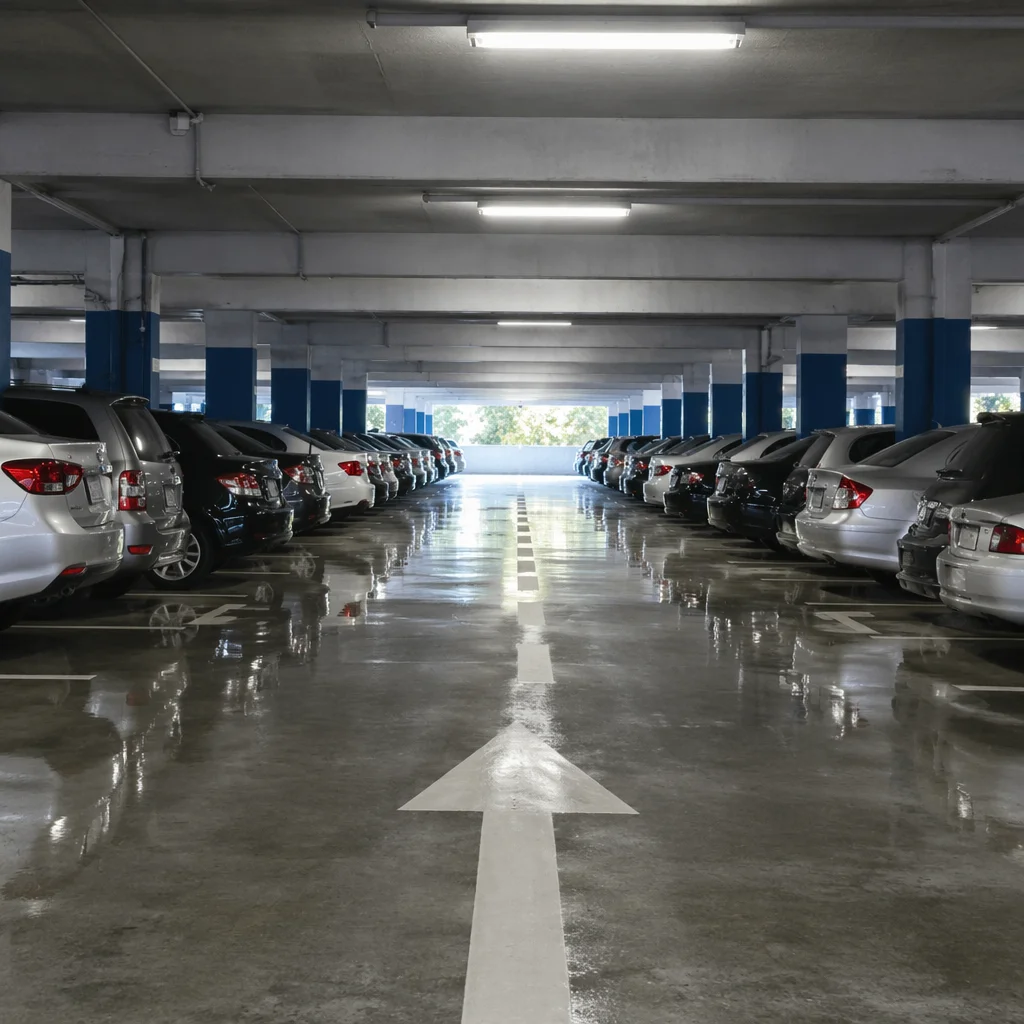 Sunny Shopping Mall Parking Garage Scene