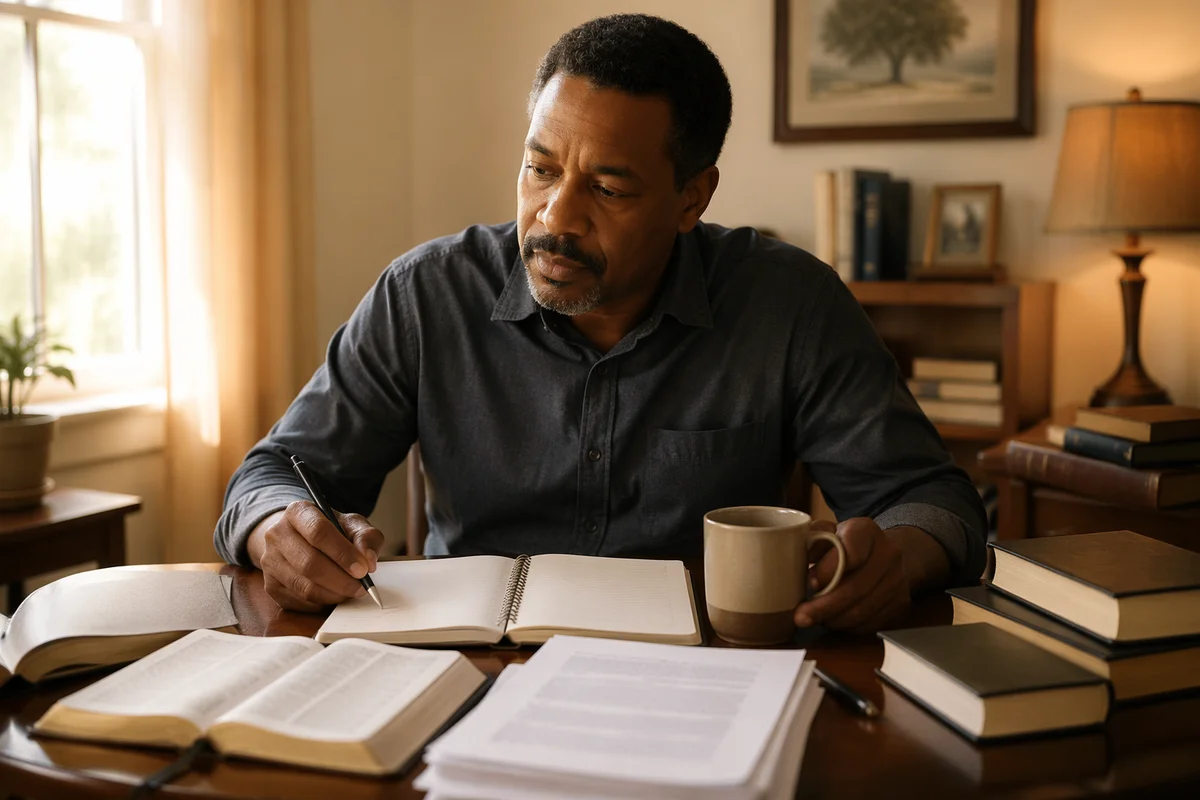 Man Studying at Desk with Books