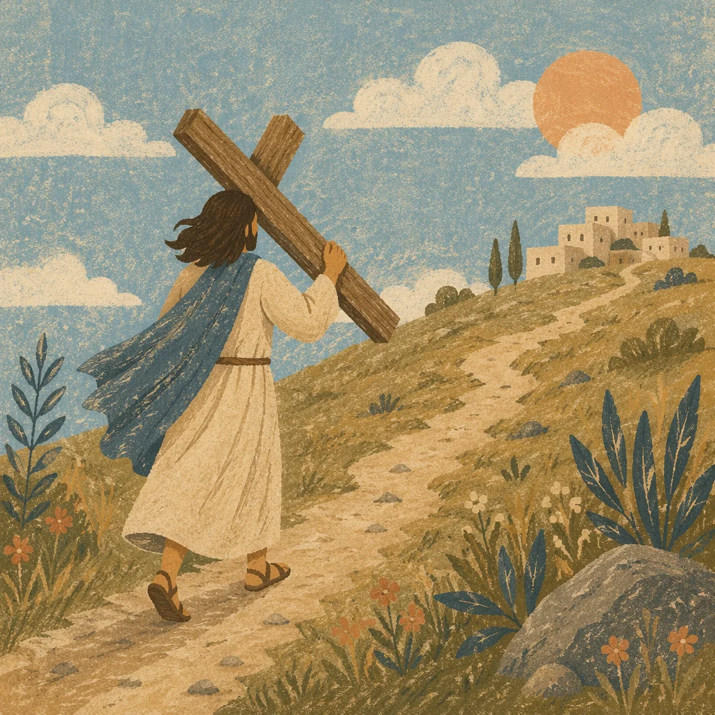Solitary Believer Carrying Cross Uphill