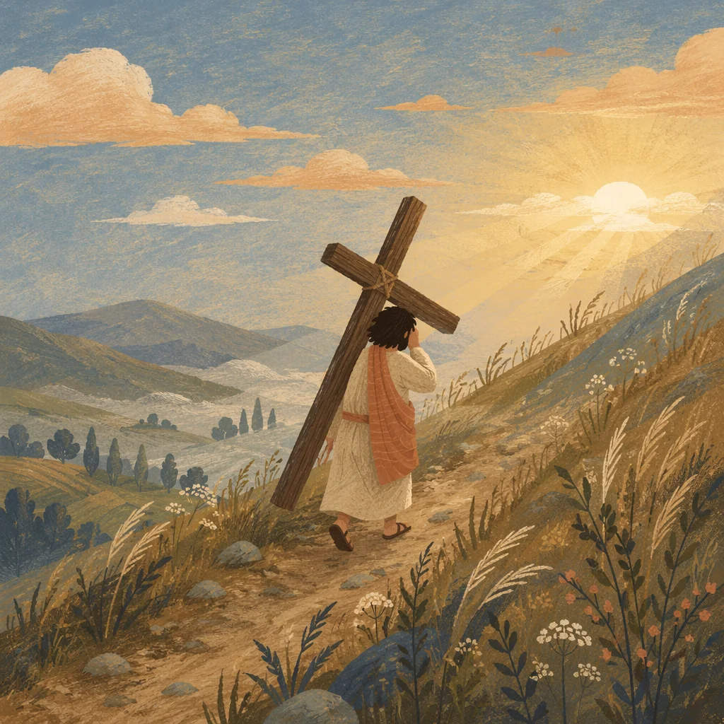 Pilgrim Carrying Cross Up Grassy Hillside