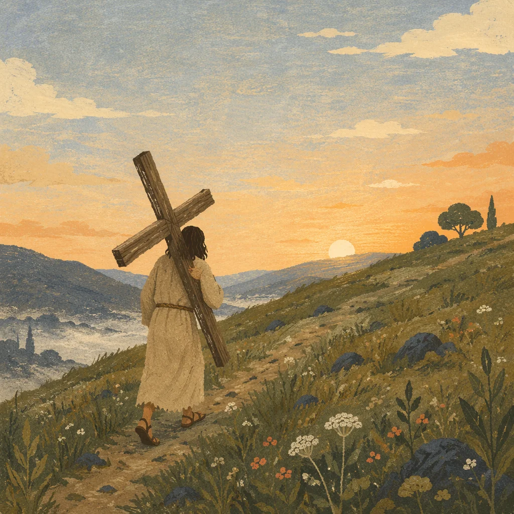 Solitary Pilgrim Carrying Cross at Dawn