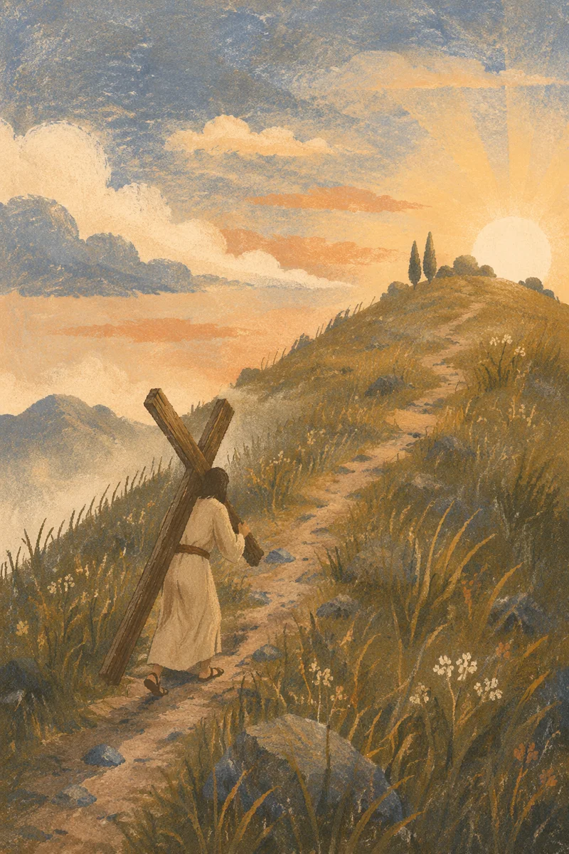 Lone Pilgrim Carrying Cross at Dawn
