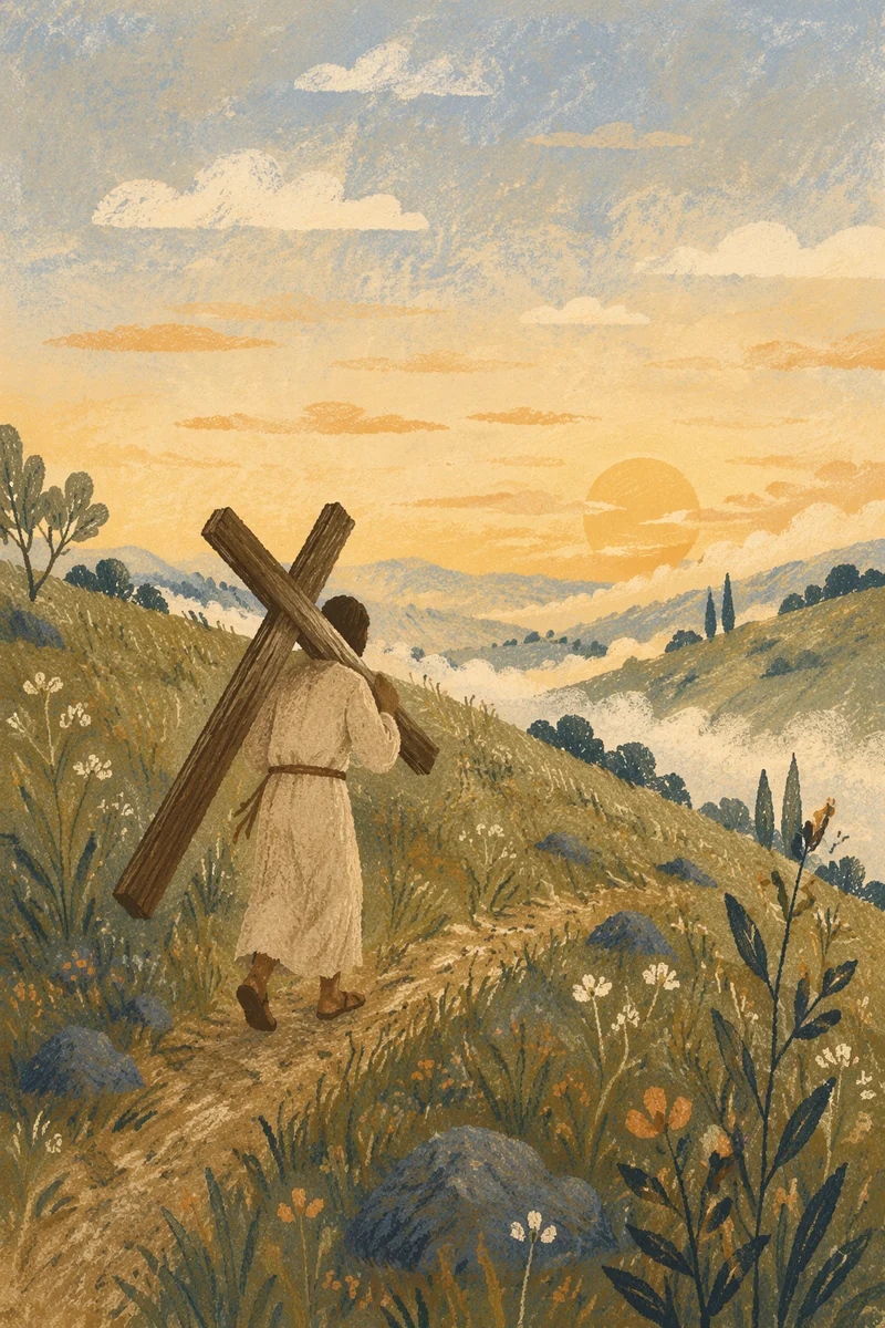 Solitary Pilgrim Carrying Cross at Dawn