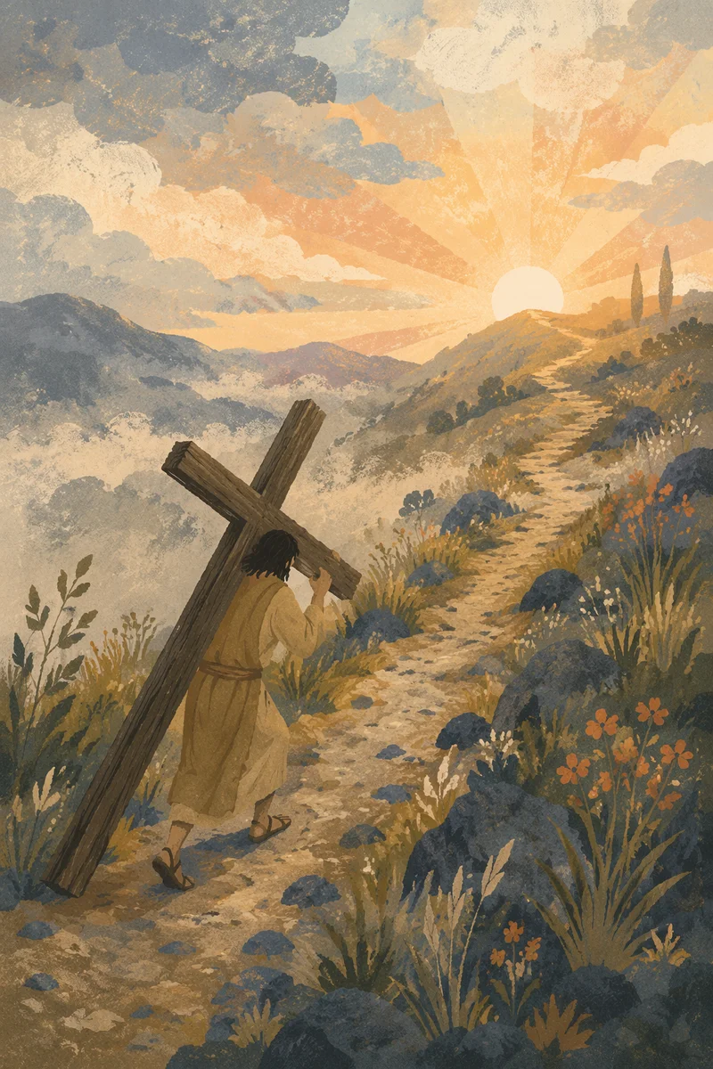 Pilgrim Carrying Cross Up Misty Hillside