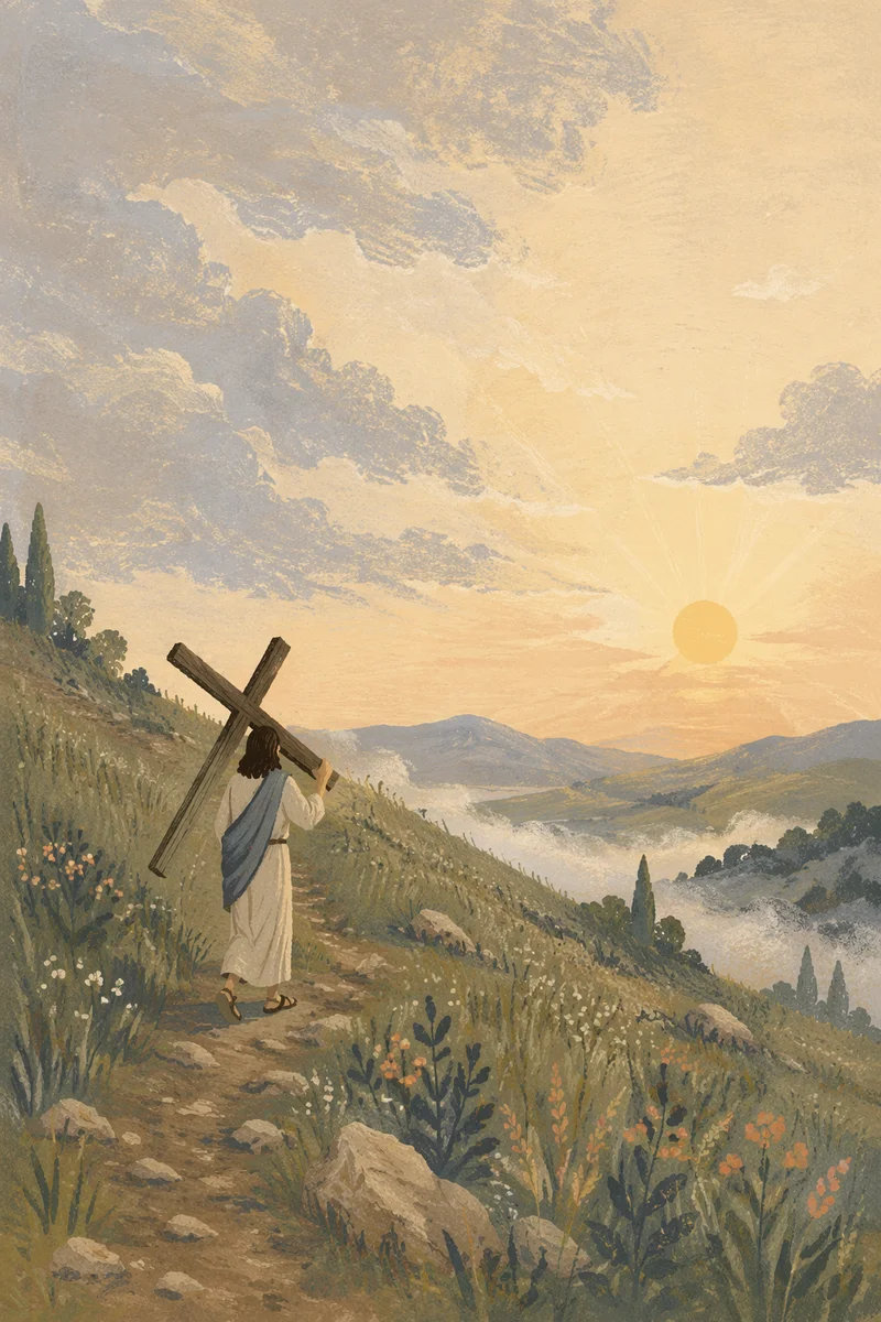 Carrying the Cross Up a Misty Hillside
