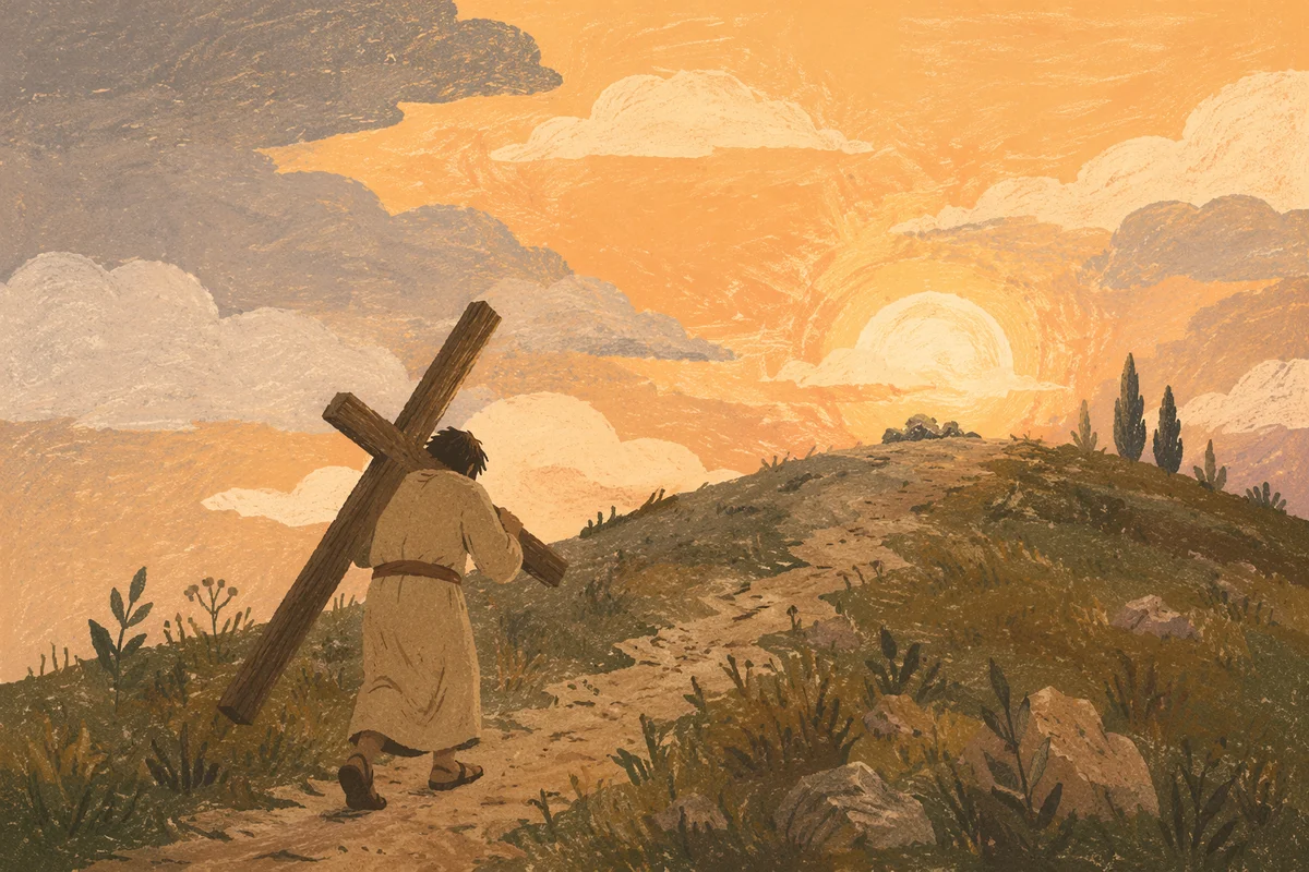 Lone Believer Carrying Cross Uphill at Sunset