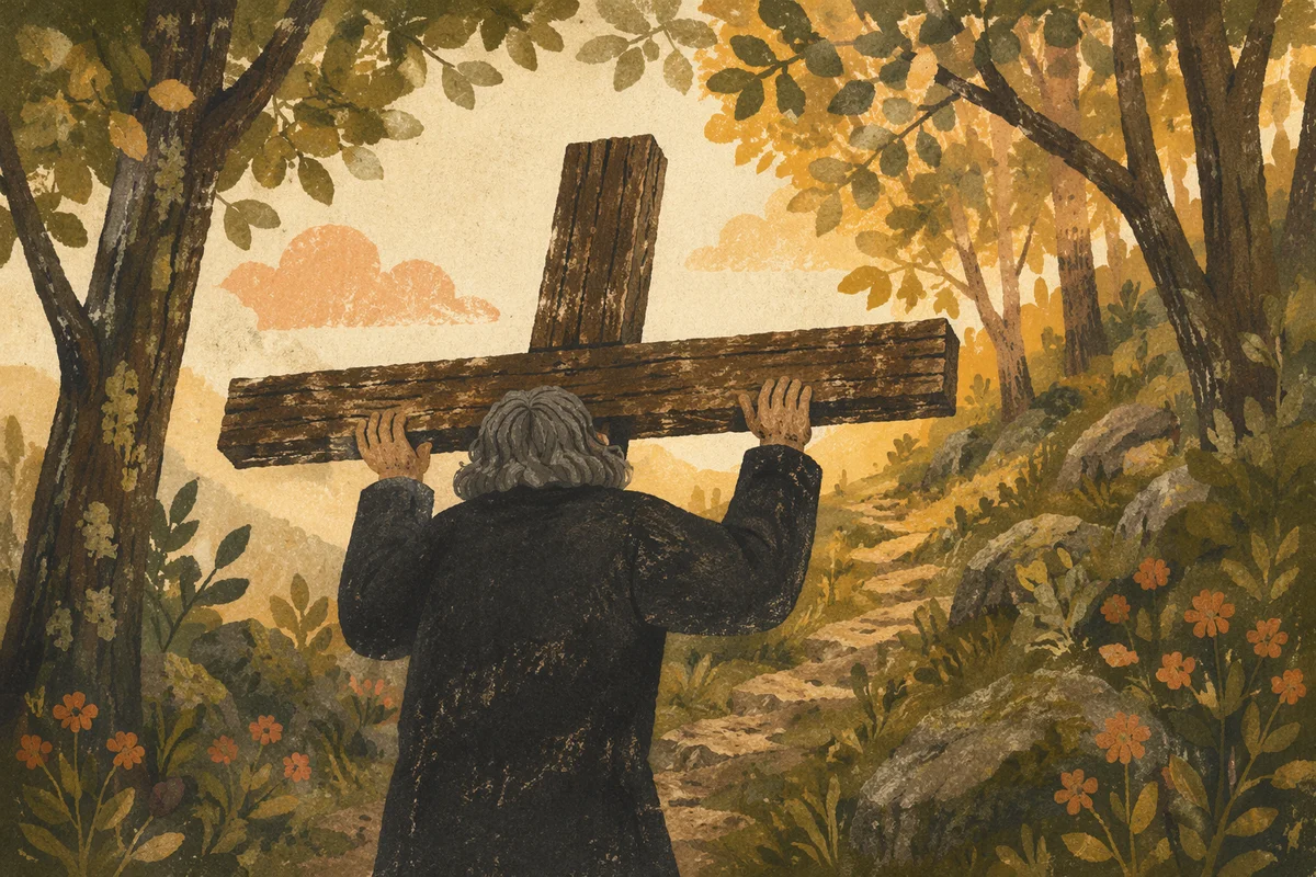 Solitary Believer Carrying Cross Uphill
