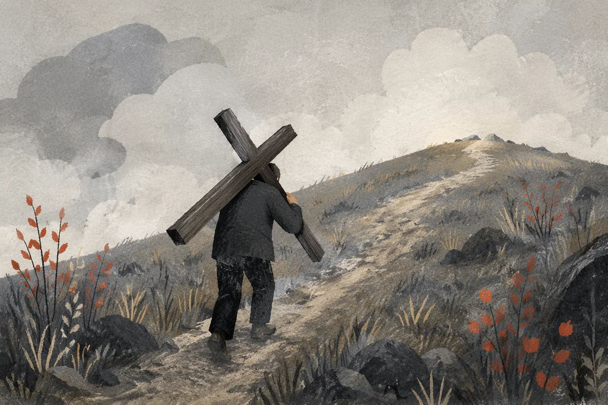 Solitary Cross Bearer on Misty Hillside