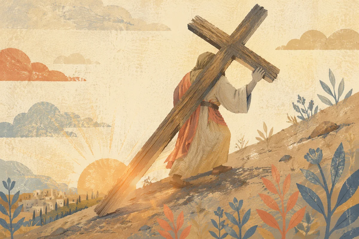 Solitary Figure Carrying Cross at Sunset