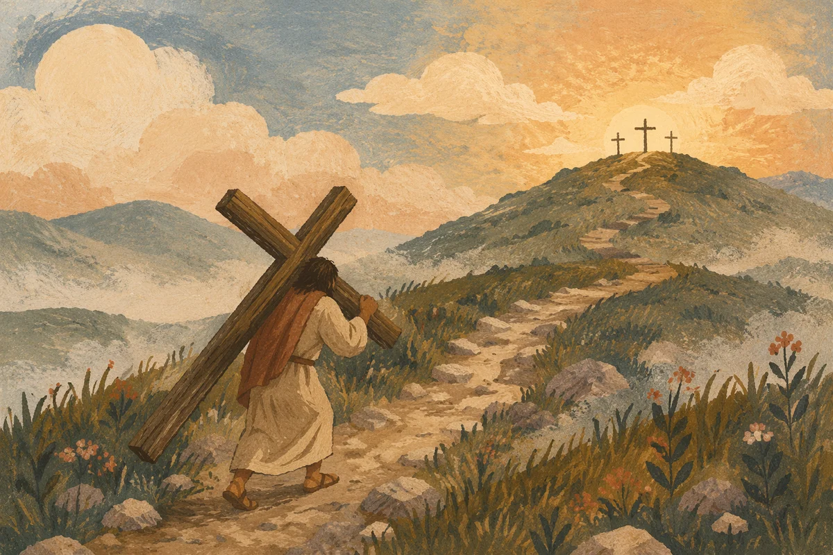 Person Carrying Cross Up Dawn Hillside