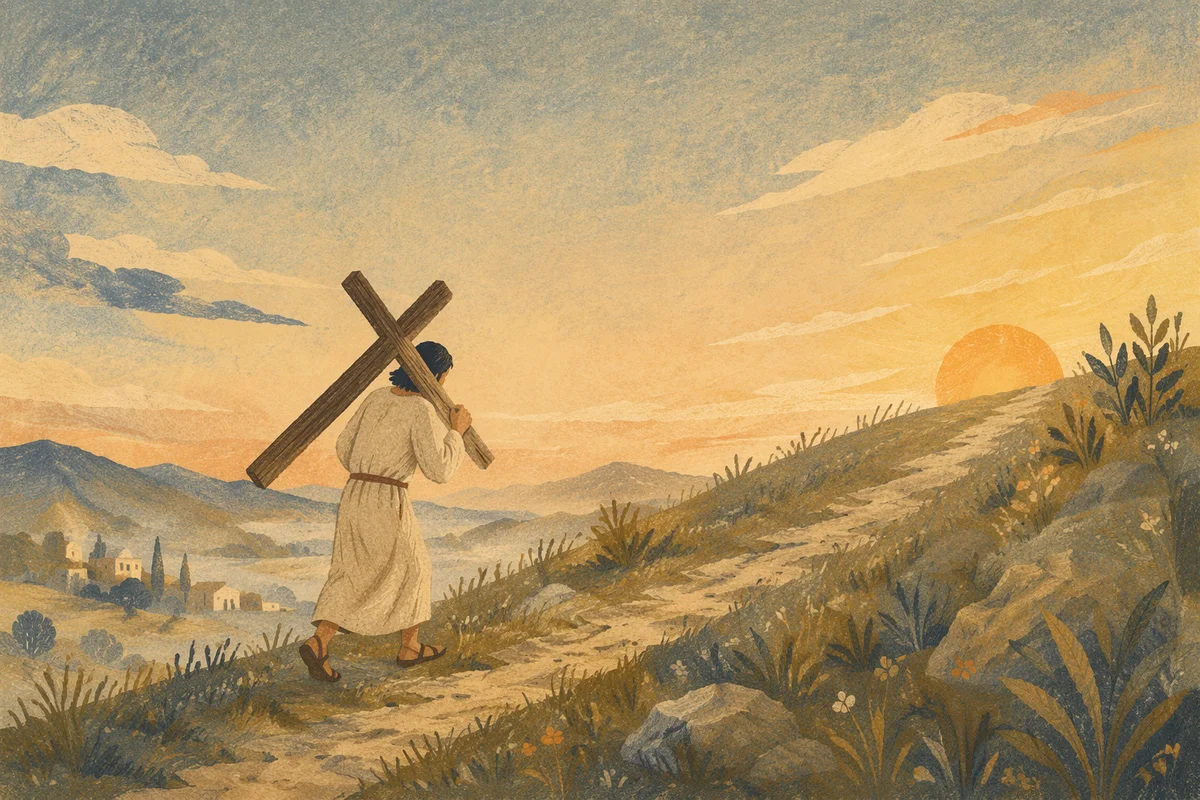 Solitary Cross Bearer Climbing Sunrise Hillside