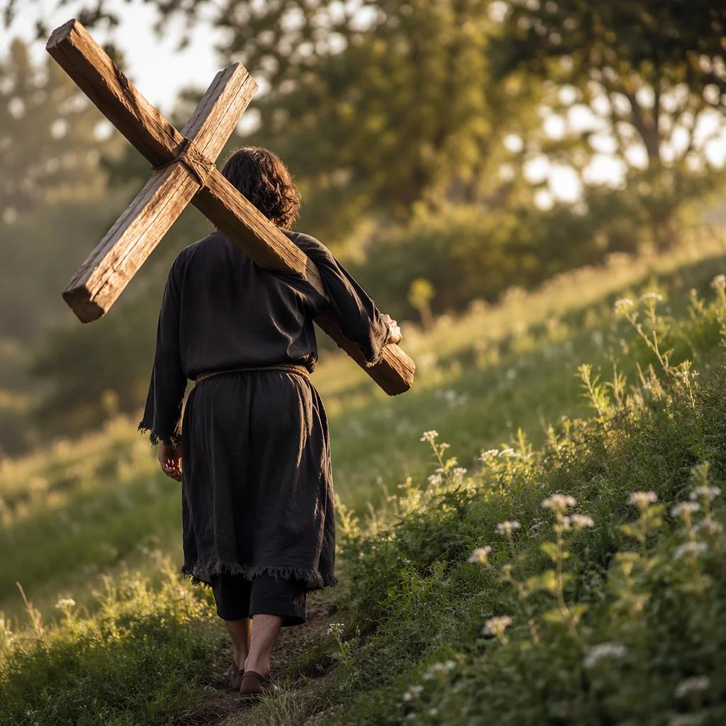 Person Carrying Cross Up Grassy Hillside