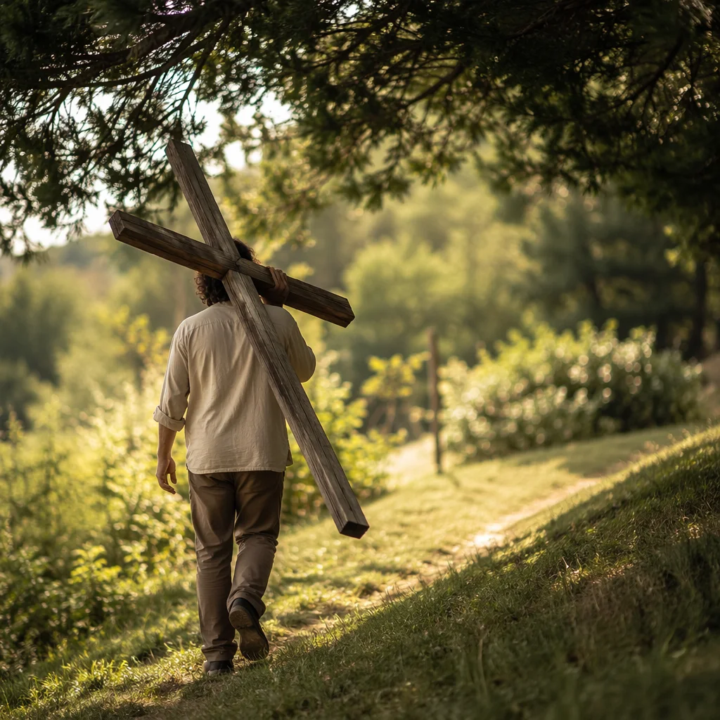 Pilgrim Carrying Cross Up Grassy Hillside