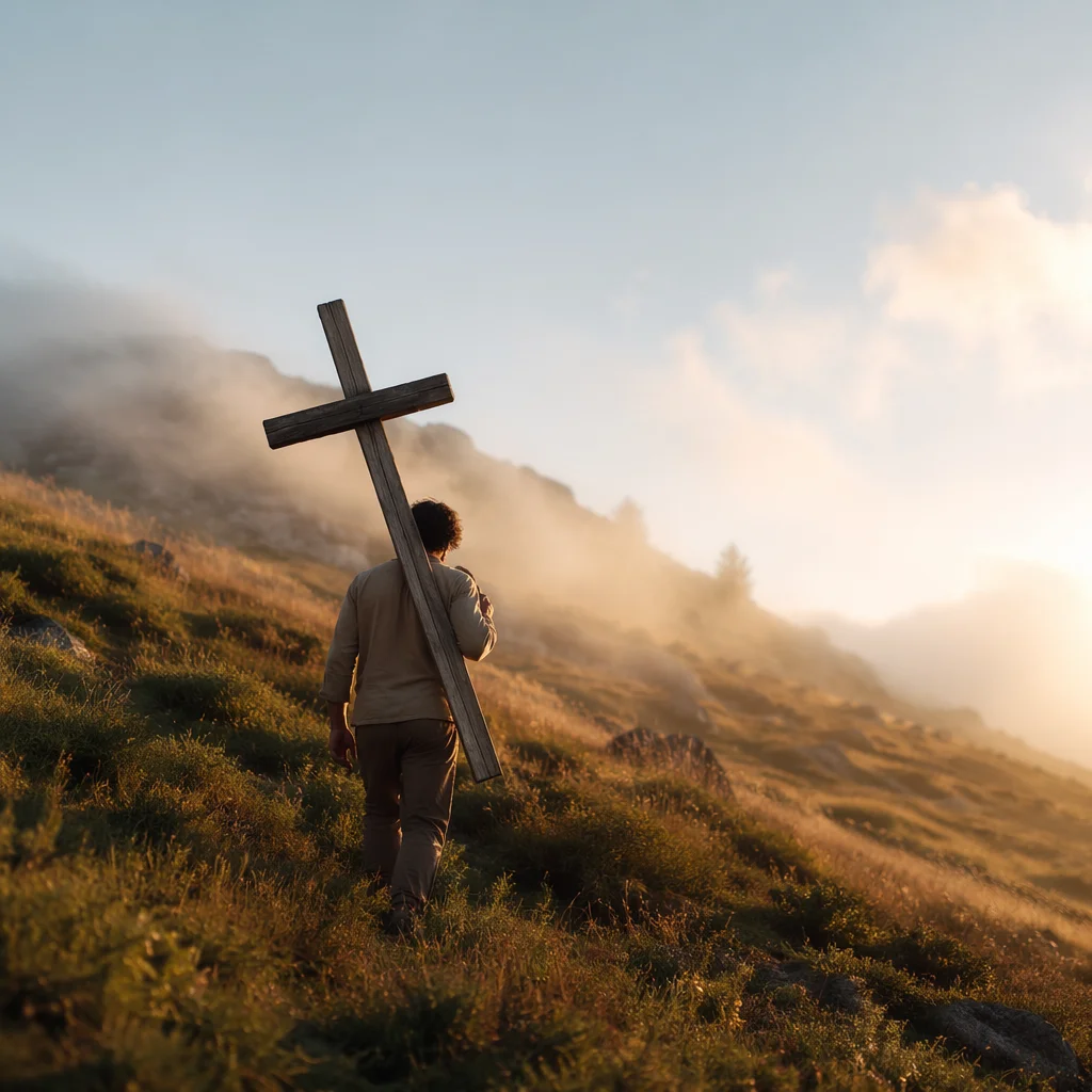 Person Carrying Cross at Dawn Hillside