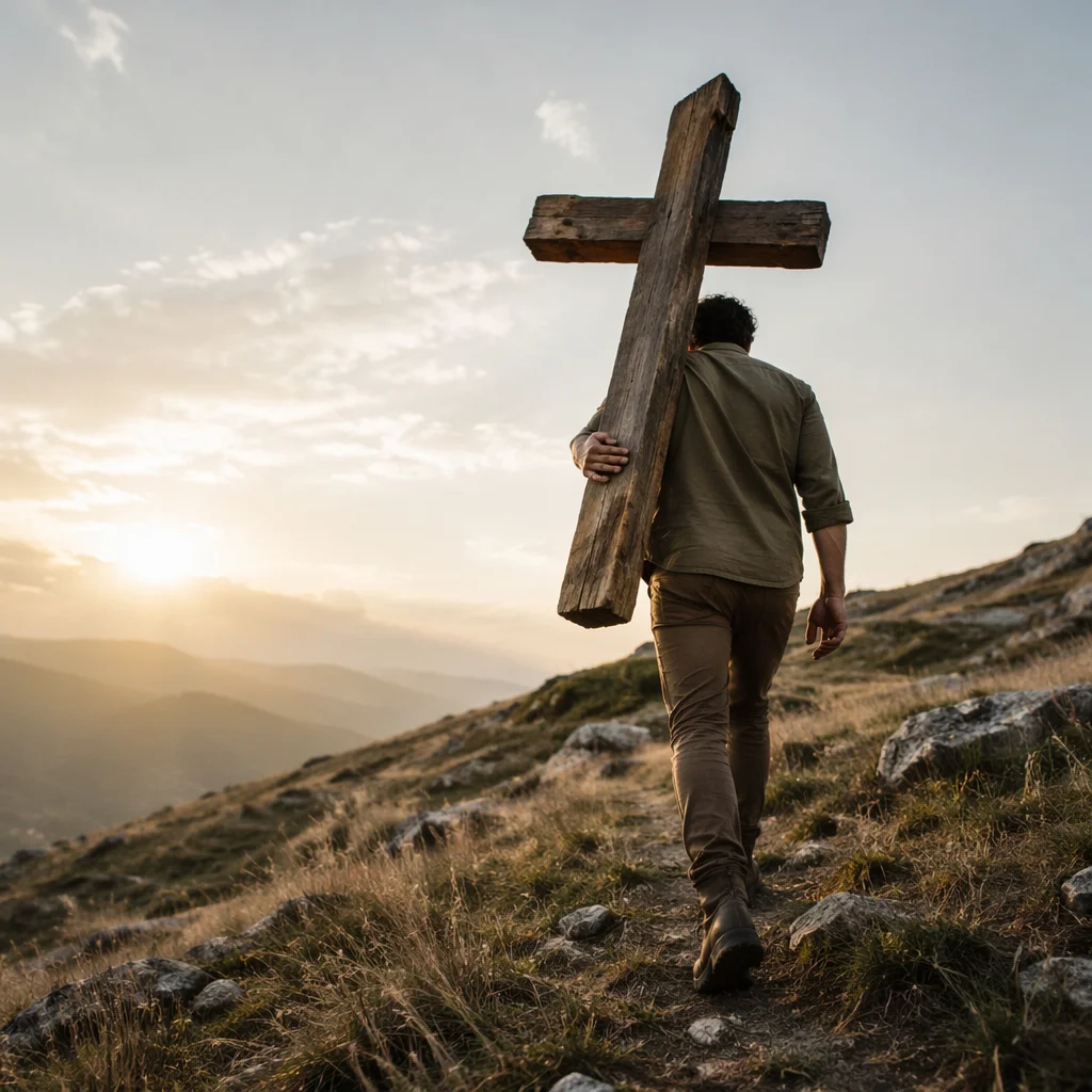 Man Carrying Cross at Dawn Hillside
