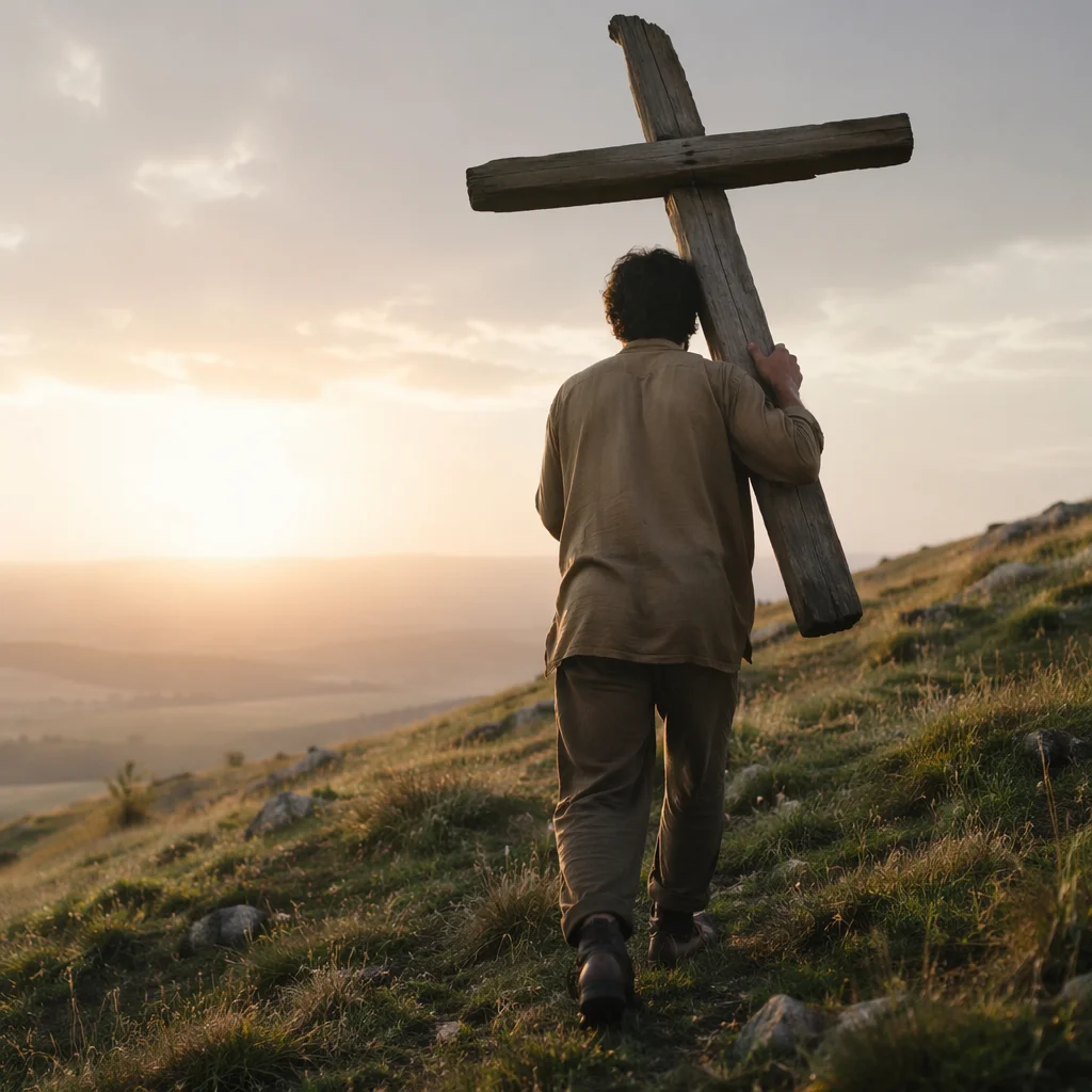 Man Carrying Cross at Dawn Hillside