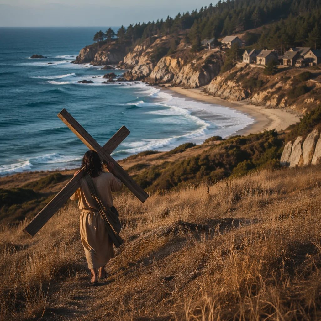 Solitary Cross Bearer on Coastal Hillside
