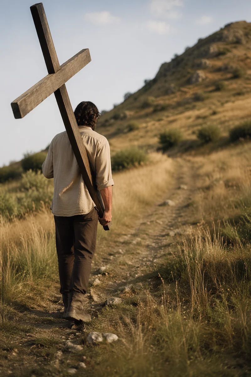 Solitary Figure Carrying Cross Uphill