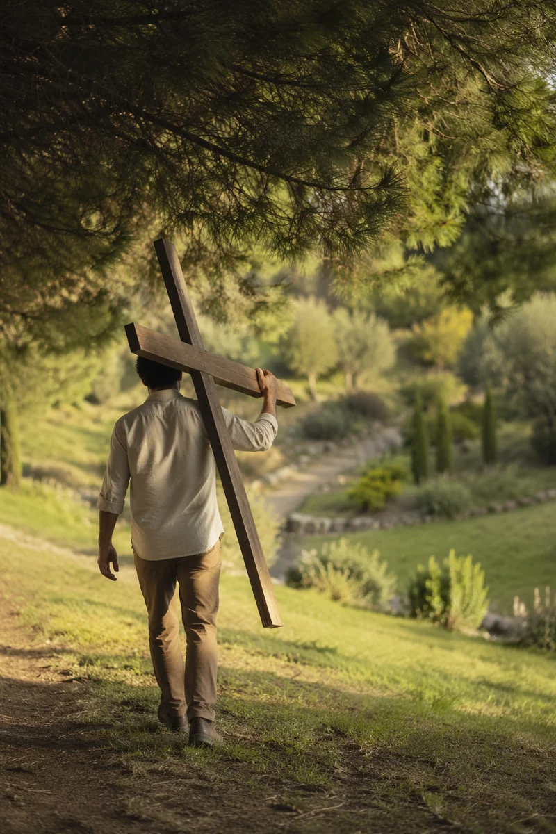 Person Carrying Cross Up Grassy Hillside