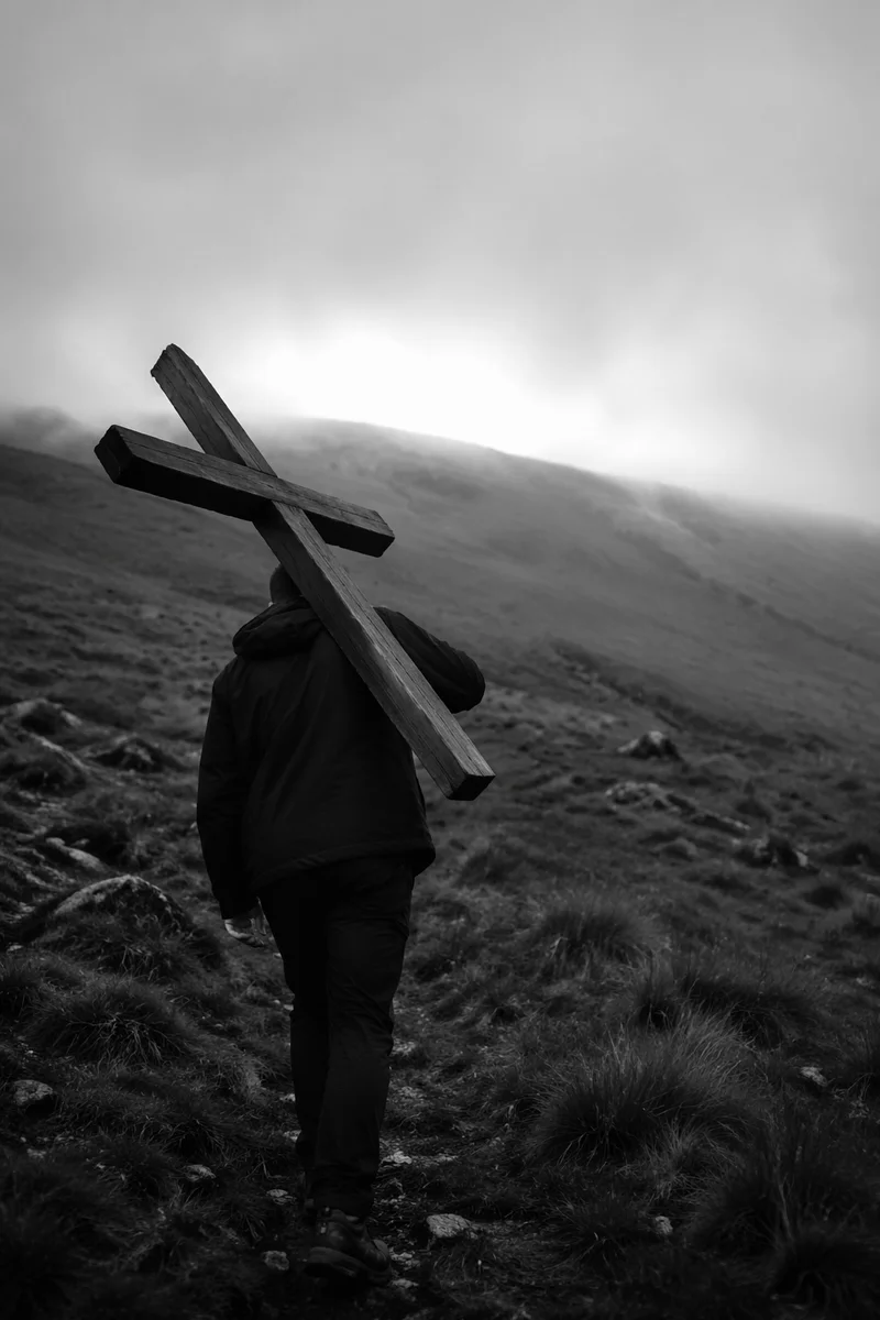 Person Carrying Cross Up Misty Hillside