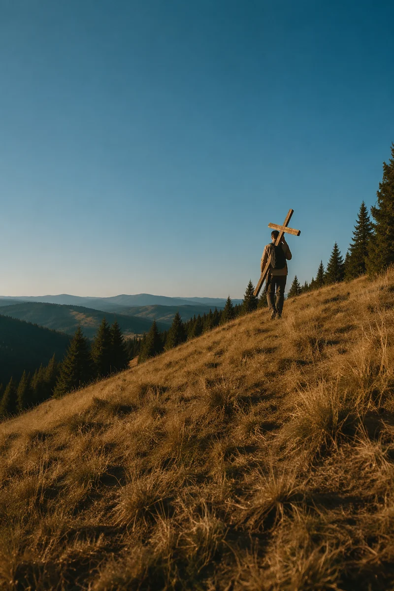 Solitary Cross Bearer on Golden Hillside