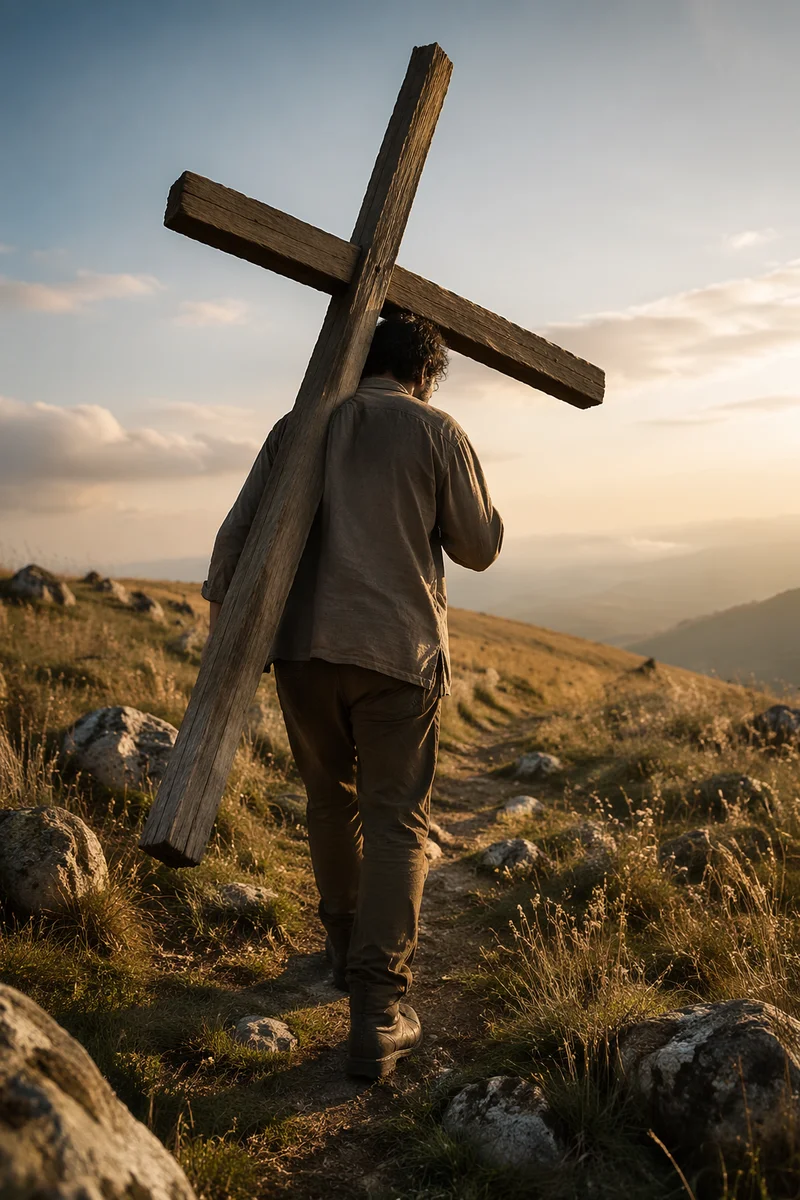 Man Carrying Wooden Cross Uphill at Dawn