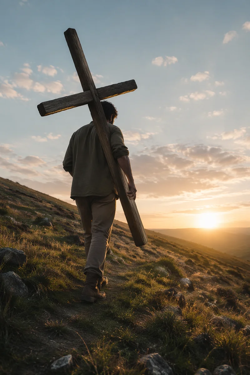 Man Carrying Wooden Cross at Dawn